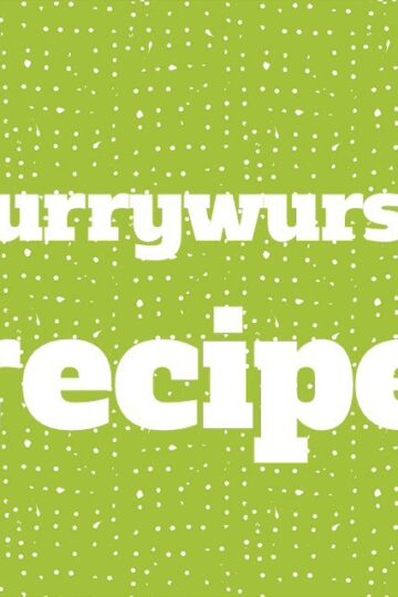 Currywurst recipe on a vibrant green background.