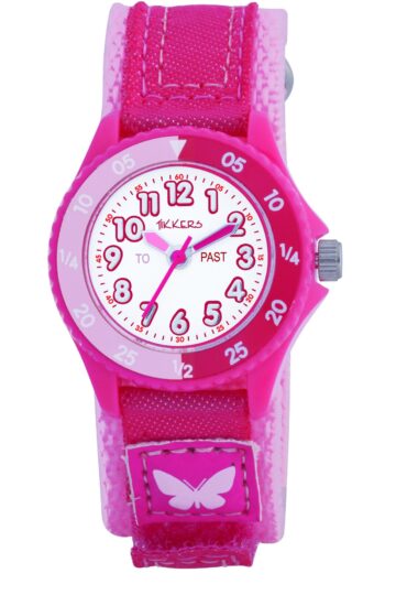 A child's watch with a butterfly on it.