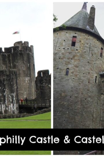 Two pictures of Caerphilly Castle and a castle coach.