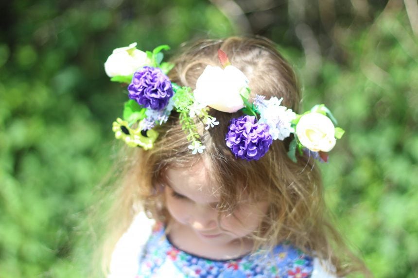 homemade flower crown on a little girl's head