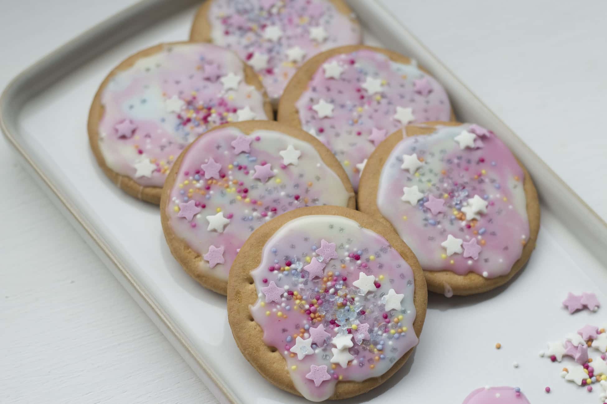 unicorn biscuits - rich tea biscuits with sprinkles and icing