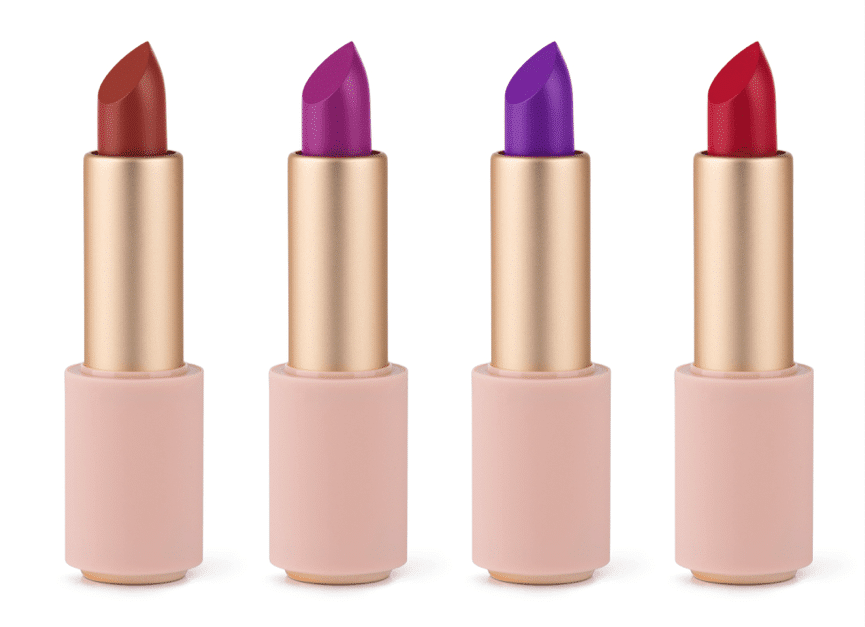 three lipsticks, one red, one pink and one purple.