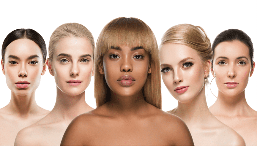 5 women, of different ethnicities and skin tones