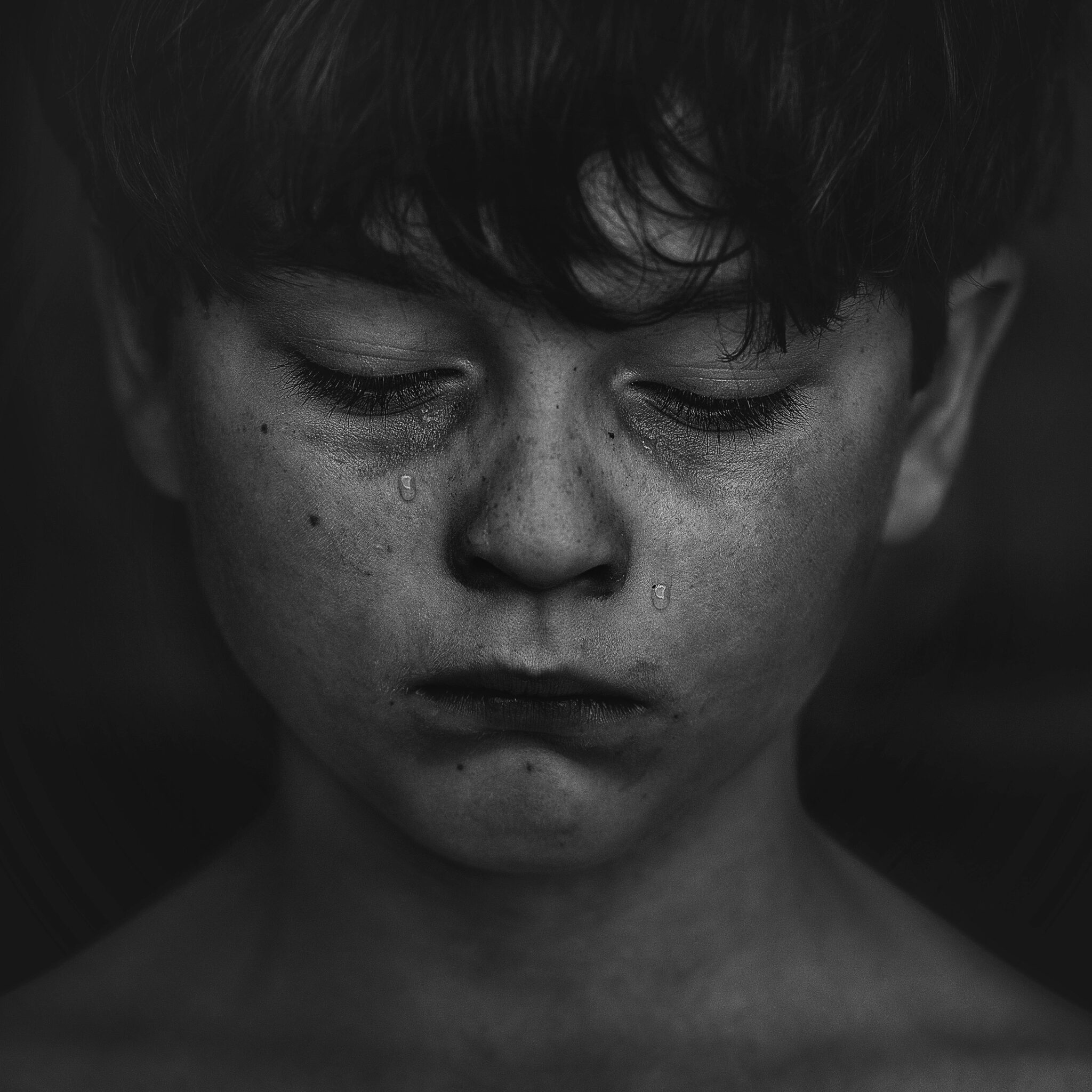 boy crying in black and white