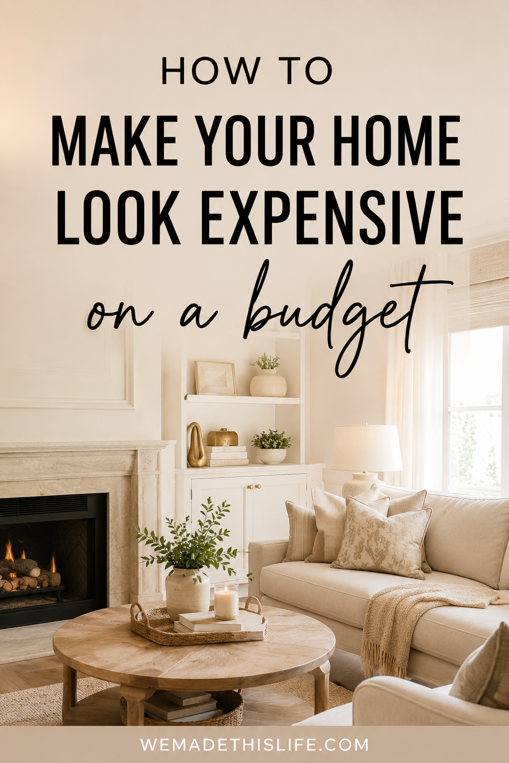 How To Make Your Home Look Expensive On A Budget A neutral-toned living room with a beige sofa, round wooden coffee table, fireplace, and built-in shelves, featuring the text: "How to Make Your Home Look Expensive on a Budget"-discover how to make your home look expensive with simple touches.
