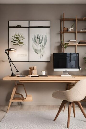 How To Make Your Home Look Expensive On A Budget A modern home office with a wooden desk, computer, bookshelves, indoor plants, wall art, and a beige chair on a light rug—perfect inspiration for how to make your home look expensive and elegant.