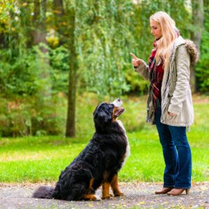 a woman pointing her finger at her dog.