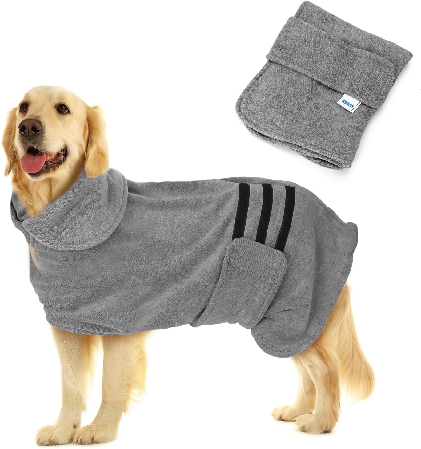 A golden retriever in a gray dog bathrobe with a hood and velcro strap sits beside a folded matching robe—perfect as stocking stuffers for dogs.