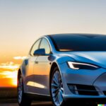 A modern electric car with a sleek design parked at sunset, showcasing a glossy finish and stylized headlights, ideal for those considering buying a car.