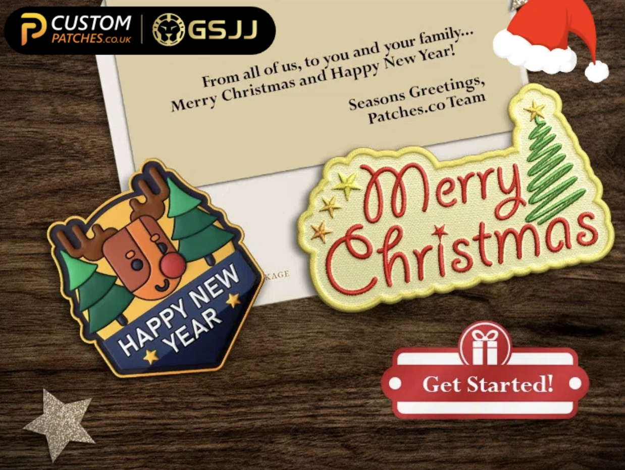 A holiday-themed flatlay featuring a Christmas card, two festive badges—one with "Happy New Year" and a reindeer, another with "Merry Christmas"—a "Get Started!" gift icon, and hints of Christmas Japanese food for a unique seasonal touch.