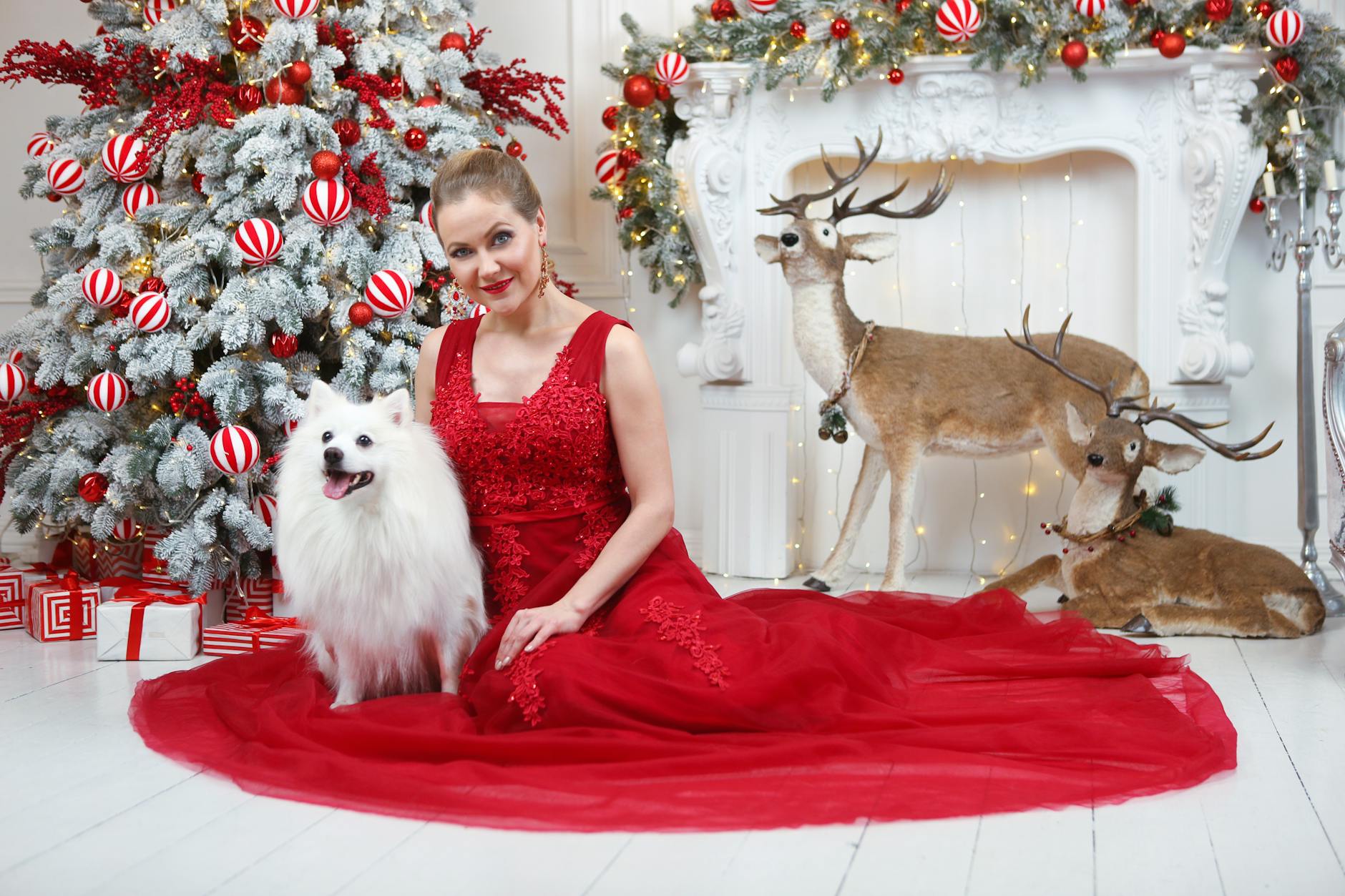 woman in red sleeveless dress sitting beside white dog