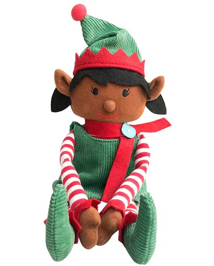 A stuffed elf wearing a green and red outfit.