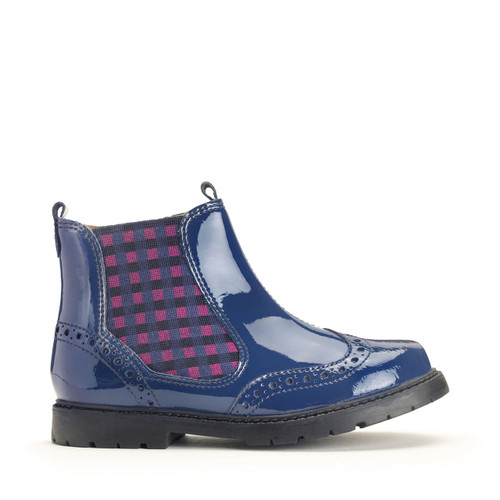 A blue and pink checkered chelsea boot.