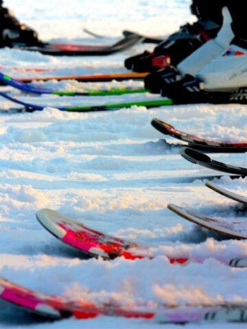 Where to try snow sports this half term Close-up of colorful ski tips on snowy ground with ski boots visible, highlighting a winter sports setting perfect for trying snow sports.