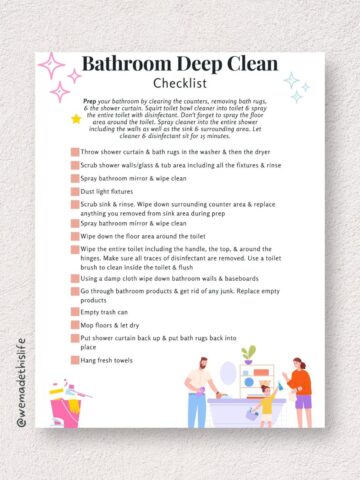 A printed bathroom deep clean checklist with illustrated steps showing people cleaning a shower and floor. Icons and text describe detailed cleaning tasks on a pink background.