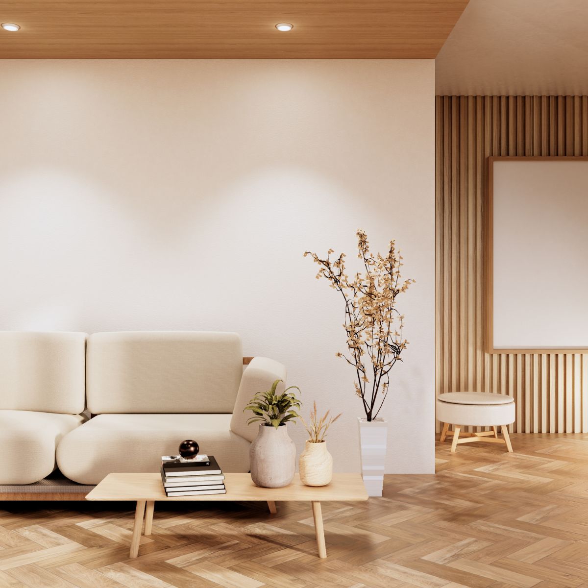 Modern living room featuring a beige sofa, small wooden coffee table with books, and potted plants near a wood-paneled wall, exemplifying Scotland residential architecture.