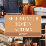 Collage showing autumn-themed home decor—front door with a wreath, sofa with orange accents, cozy blanket and candle, and shelf with pumpkins and books. Text reads: "Selling Your Home in Autumn: Top Tips for a Competitive Market.
