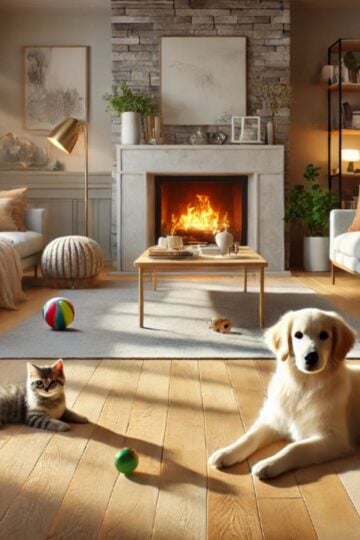 A cozy living room with a fireplace features family-friendly flooring. A dog and a cat relax on the wooden floor surrounded by toys, perfect for homes with pets. Sunlight streams through large windows, creating a warm and inviting atmosphere.