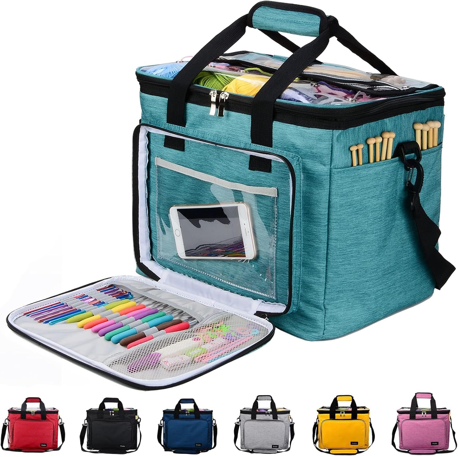 A teal craft organiser bag with yarn, knitting needles, and pens, featuring a transparent front pocket and an open flap showing markers. Perfect for keeping your knitting essentials organised. Six colour options are displayed below.
