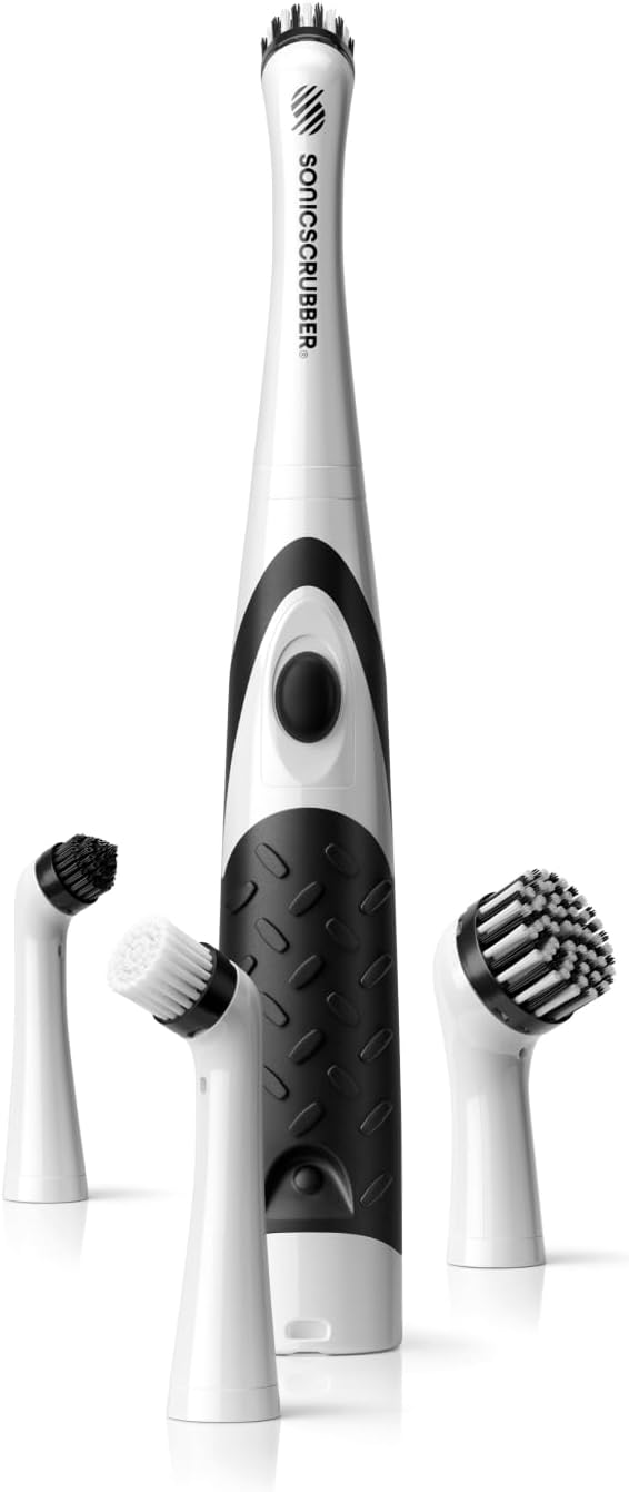 Electric cleaning brush with a textured handle, labelled "Sonicscrubber," shown with three interchangeable brush heads-perfect for tackling every item on your kitchen cleaning checklist.