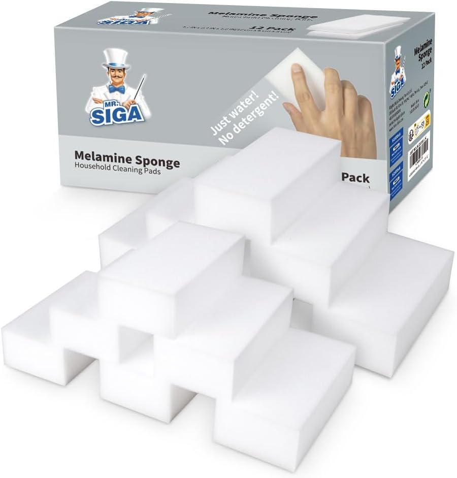 Box of Mr Siga melamine household cleaning pads shown with several white rectangular sponges stacked in front-an essential for any kitchen cleaning checklist. Packaging highlights "Just water! No detergent!.