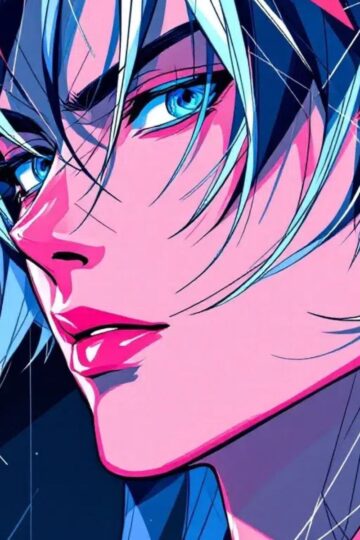 Stylized anime character with blue eyes, white hair, and an intense expression hinting at hidden power, set against a dark background highlighted in pink and blue hues.