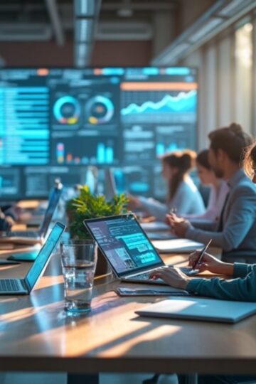 A group of people work on laptops in a modern conference room, showcasing everyday efficiency. Multiple screens display precise data visualizations as sunlight streams in through large windows.