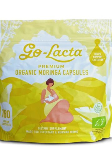 A pouch of Go-Lacta Premium Organic Moringa Capsules features an illustration of a mother and baby. This pack contains 180 vegan capsules, designed to seamlessly fit into the regime of expectant and nursing moms supporting lactation with natural Moringa supplements.