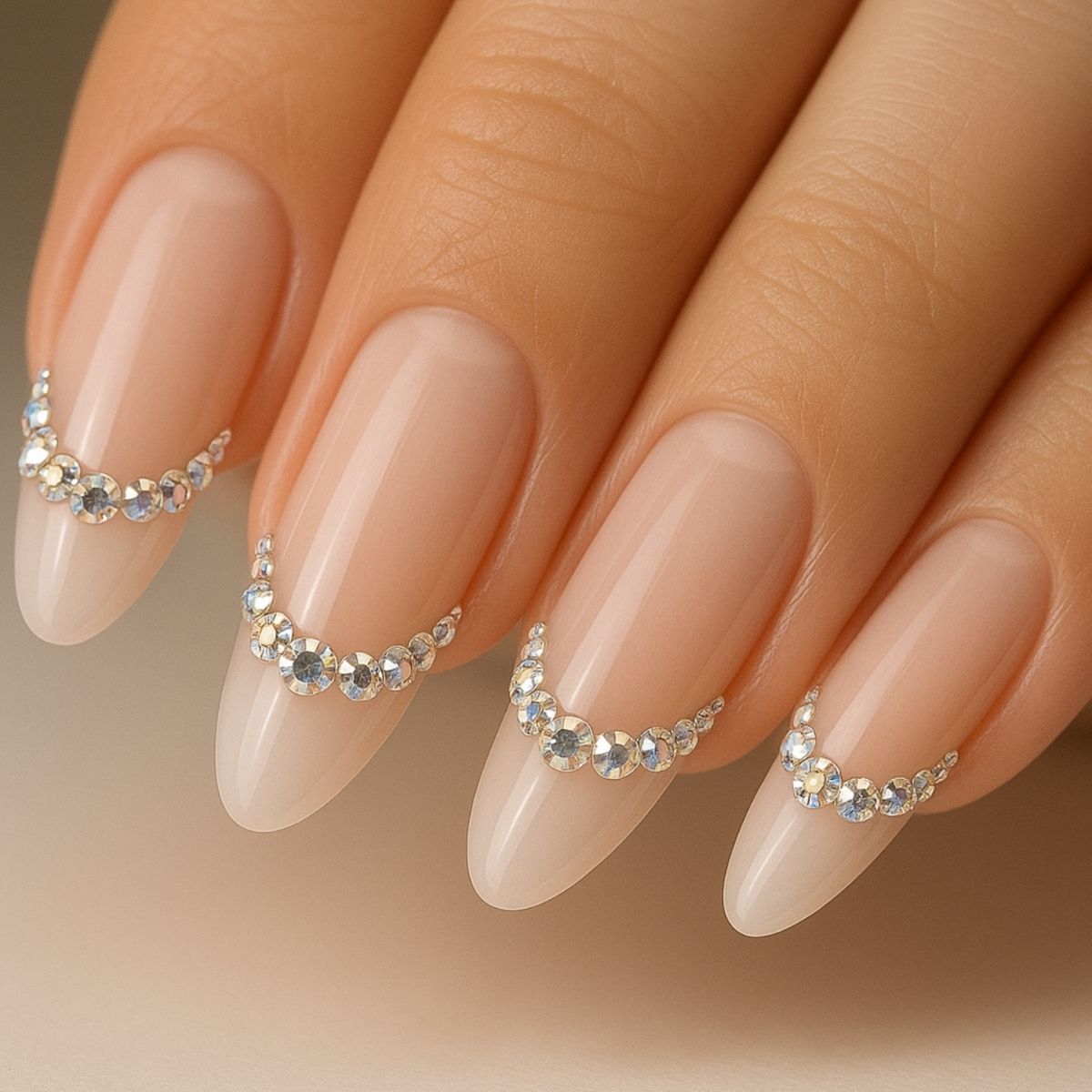 A close-up of a hand with long, almond-shaped nails featuring a nude base and a curved line of small rhinestones on each nail, showcasing elegant crystal nail art.
