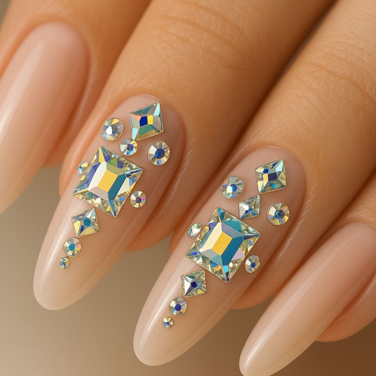 Close-up of manicured nails with nude polish, featuring geometric and round iridescent rhinestones arranged in Crystal Nail Art patterns.