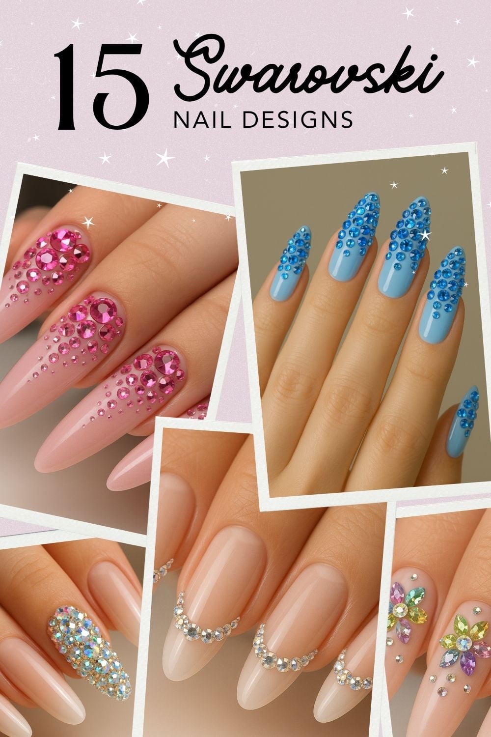 A collage of manicured hands showcases crystal nail art, featuring pink, blue, and multicolored Swarovski nail designs. Text reads: "15 Swarovski Nail Designs.
