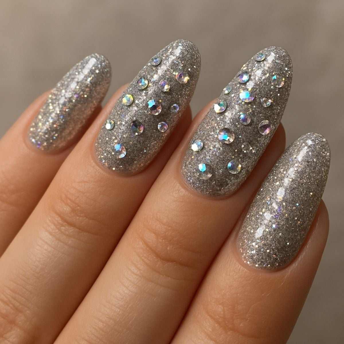 Close-up of a hand with long, almond-shaped nails painted with silver glitter polish and adorned with Swarovski Nail Designs and small, iridescent rhinestones.