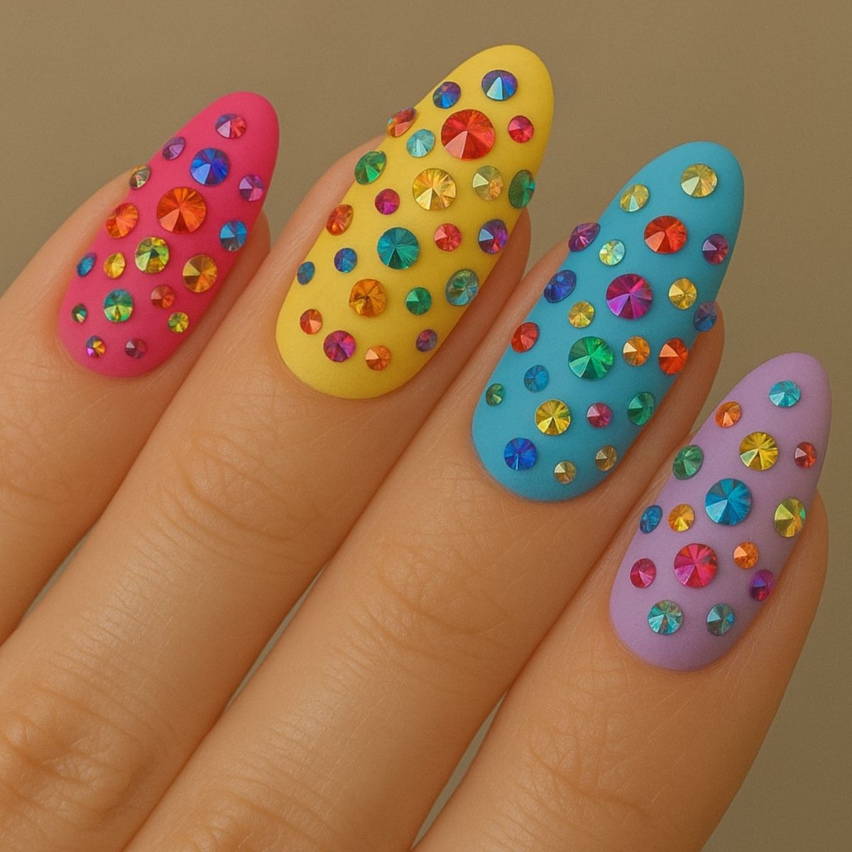 A hand with four nails painted pink, yellow, blue, and lavender, each decorated with multicolored rhinestones for a dazzling crystal nail art look.