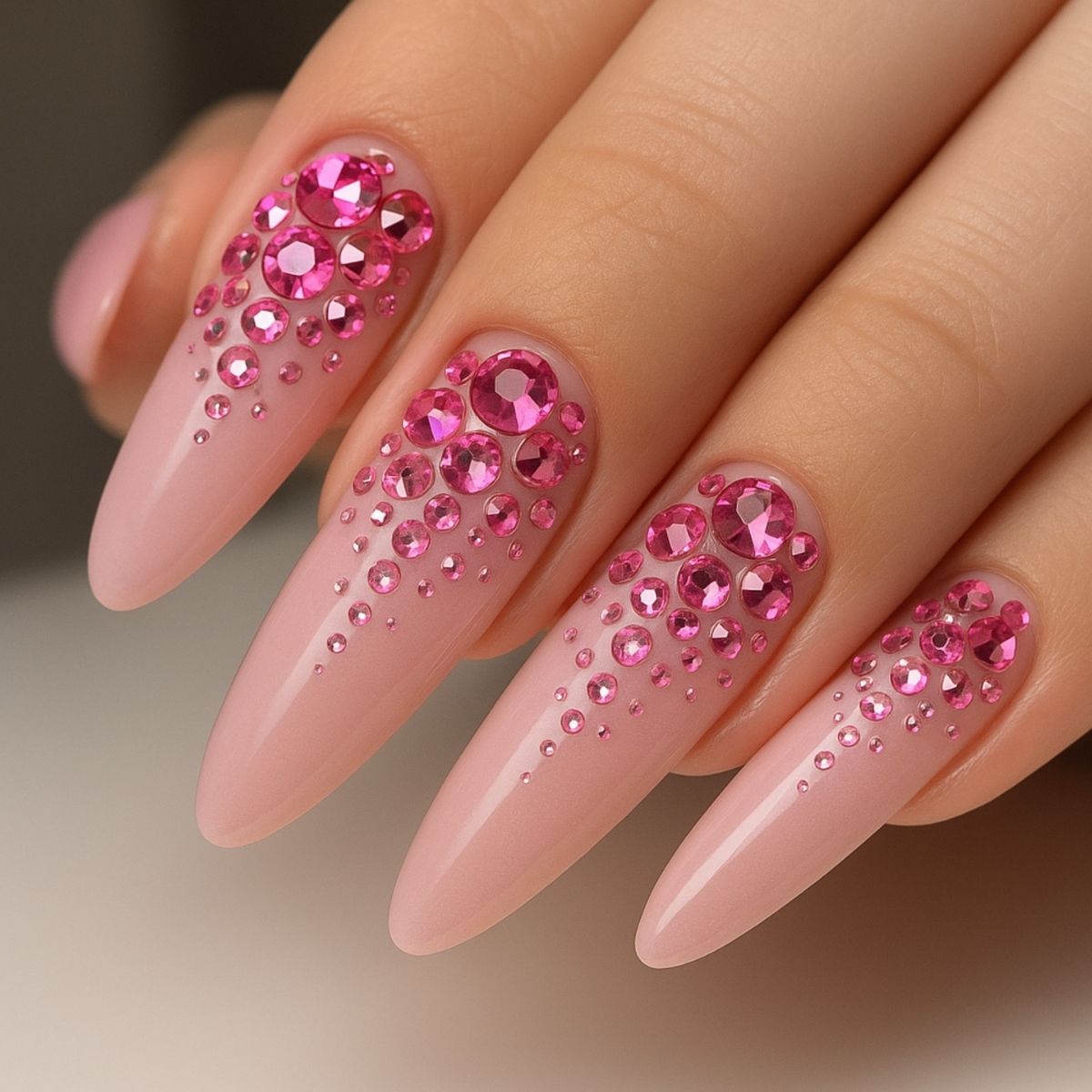 A hand with long, almond-shaped nails painted light pink and decorated with varying sizes of pink rhinestones, perfect for showcasing elegant Swarovski Nail Designs.