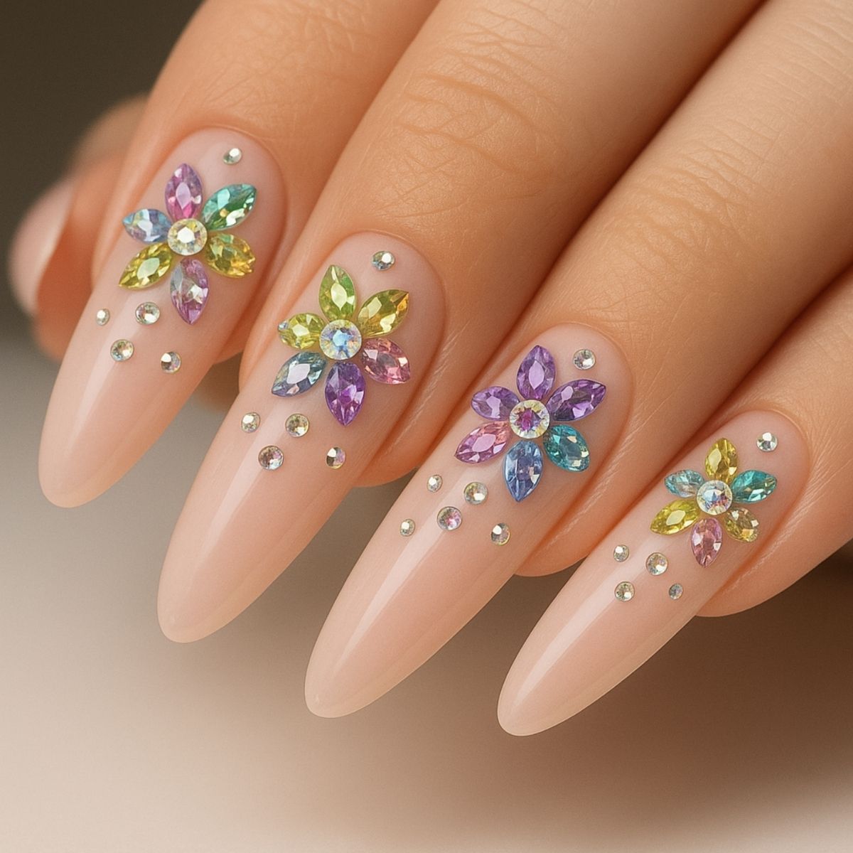 A hand with long, almond-shaped nails featuring pastel floral designs and Swarovski Nail Designs with rhinestone embellishments on a nude base.