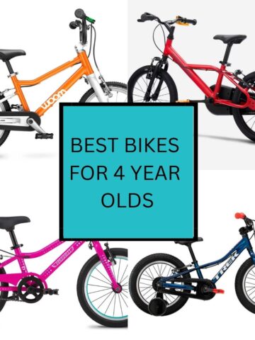 Four children's bikes in orange, red, pink, and blue surround a center box labeled "Best Bikes for 4 Year Olds," showcasing top Kids Bike options perfect for young riders learning with a Training Bike.