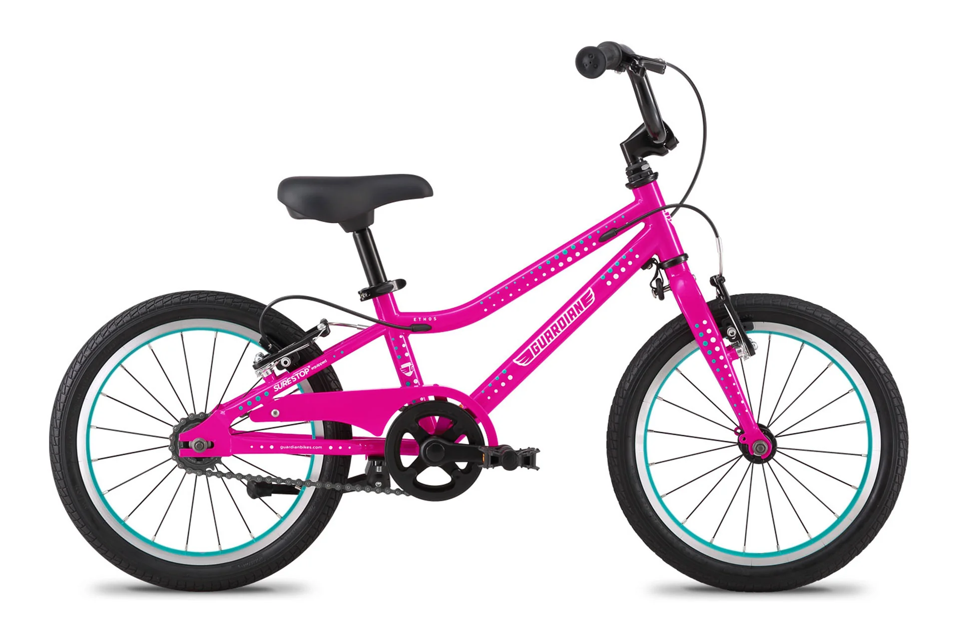Best Bikes For 4 Year Olds (Training Bike Guide) A pink children's bicycle with training wheels, black seat and handlebars, and white and teal accents on the tires—perfect for little riders and featured in our Training Bike Guide for Best Bikes for 4 Year Olds.