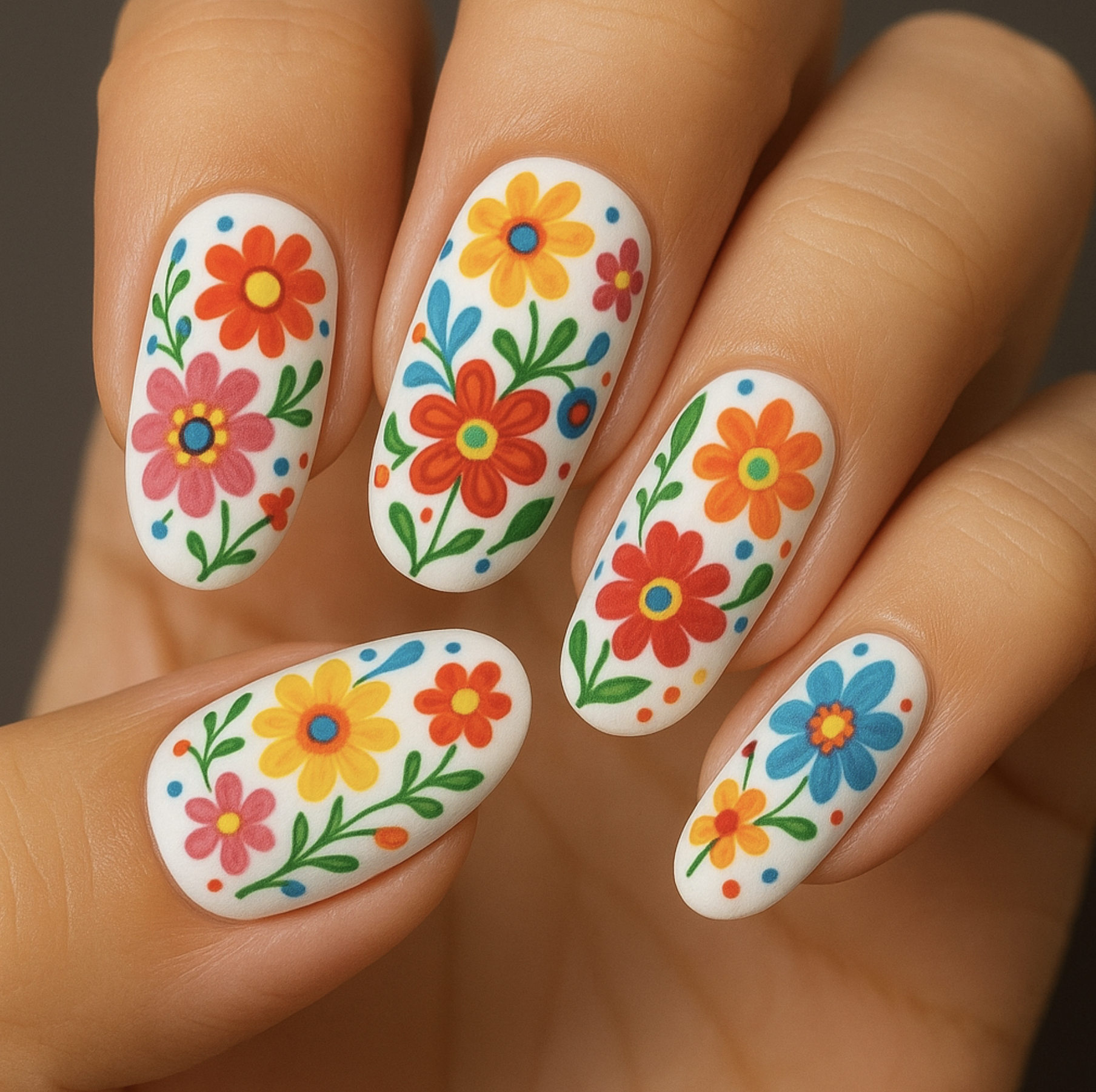A hand with fingernails painted white, decorated with colorful floral patterns in red, yellow, blue, and green—perfect for Cinco de Mayo nail designs and fresh nail art ideas.