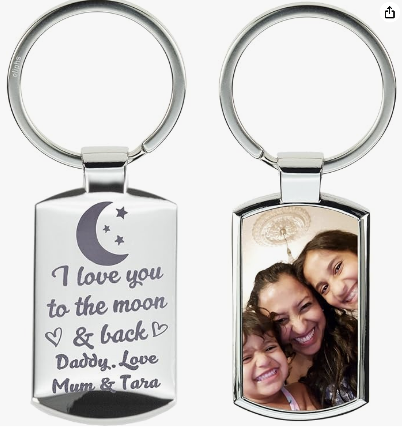 A silver keychain with an engraved message on one side and a photo of a smiling woman and two children on the other—perfect for those seeking unique 2025 Father's Day gifts.