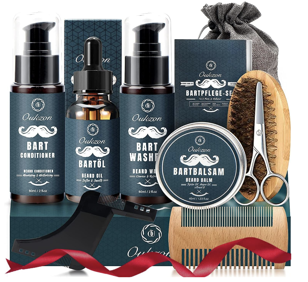 Beard grooming kit with conditioner, oil, wash, balm, brush, scissors, comb, shaping tool, and gift bag—perfect for Father's Day 2025 or as one of the best gifts for boyfriend—all displayed on a white background.