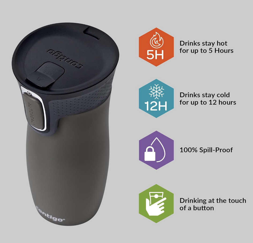 A black Contigo travel mug is shown with icons stating it keeps drinks hot for 5 hours, cold for 12, is 100% spill-proof, and allows one-touch drinking—an ideal choice for Father's Day gifts for boyfriend.