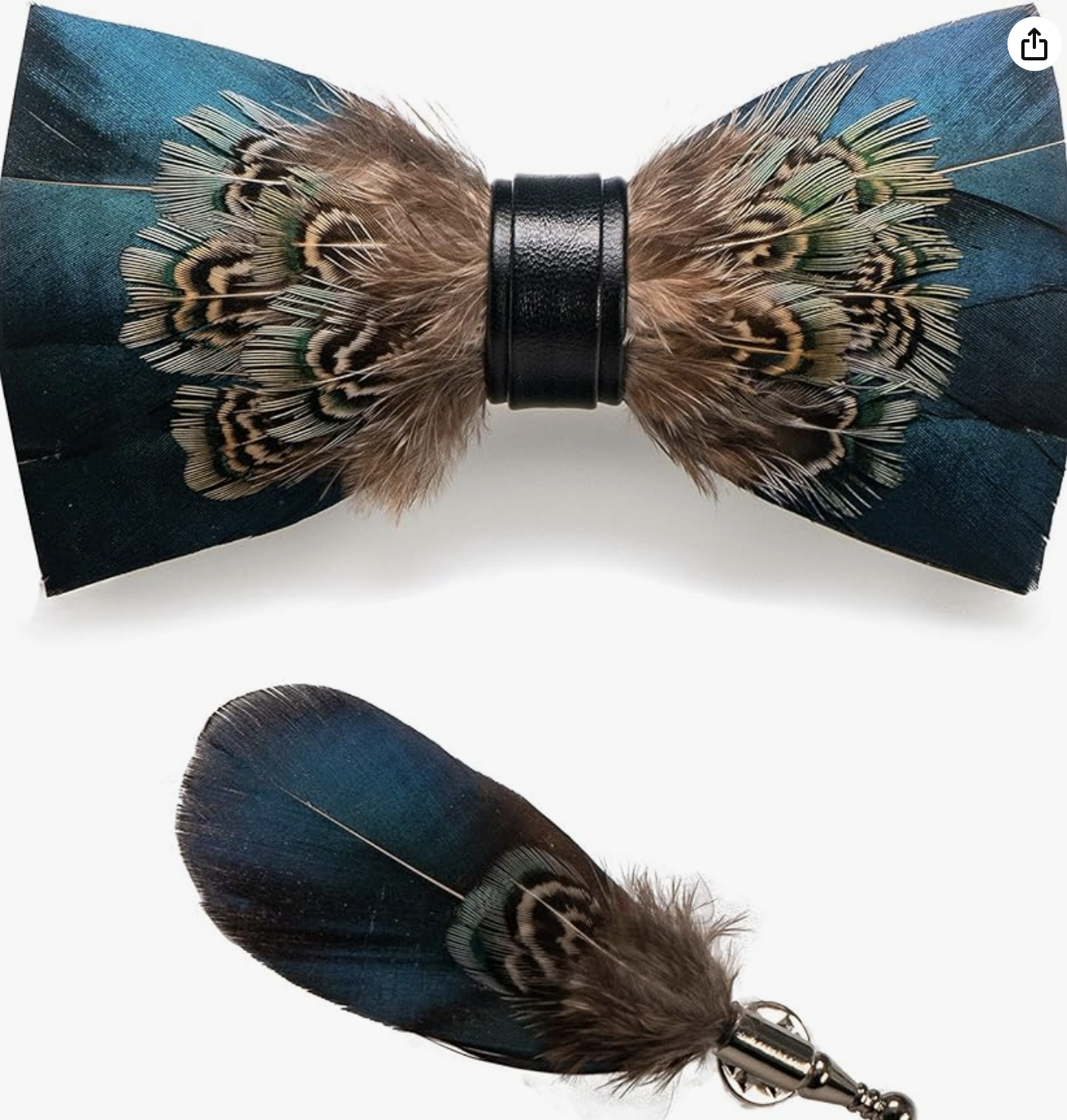 A bow tie and lapel pin made from blue and brown feathers with black leather accents, displayed on a white background—an elegant choice for 2025 Father's Day gifts.