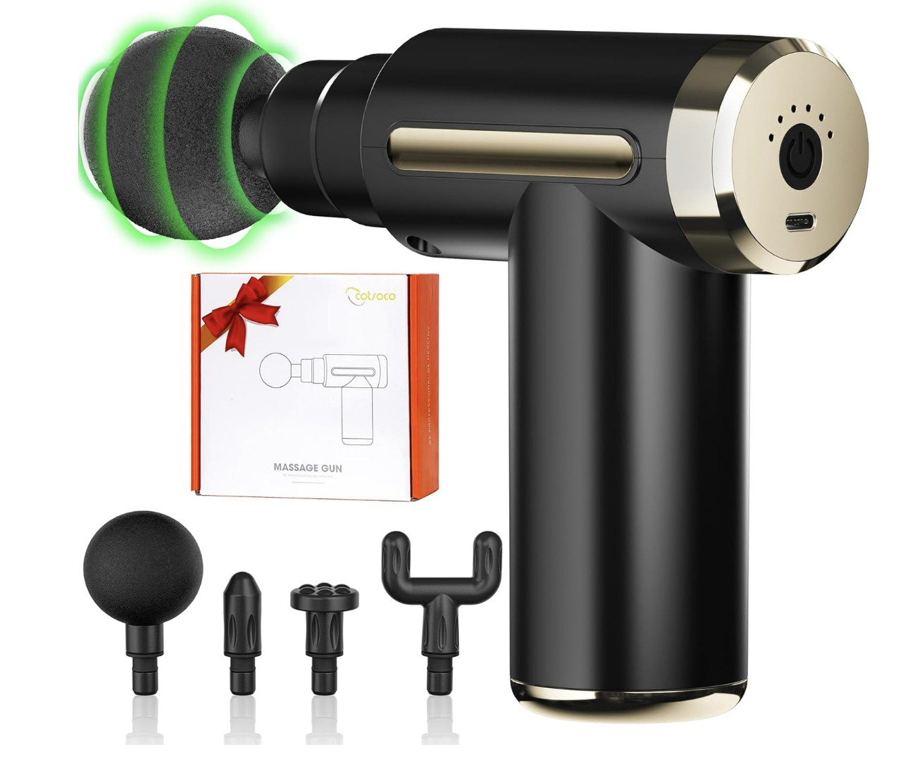 A black handheld massage gun with four interchangeable attachments, shown next to its packaging box. The massage head is highlighted with a green glow—perfect for Father’s Day gift ideas or Father's Day 2025.