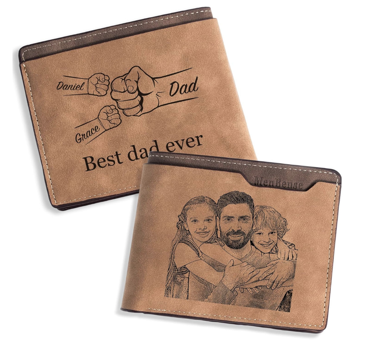 Two brown leather wallets are shown—one engraved with fist bumps labeled "Daniel," "Grace," and "Dad" plus "Best dad ever." The other has an engraved portrait of a man and two kids. Perfect for Father's Day gift ideas or Father's Day 2025.