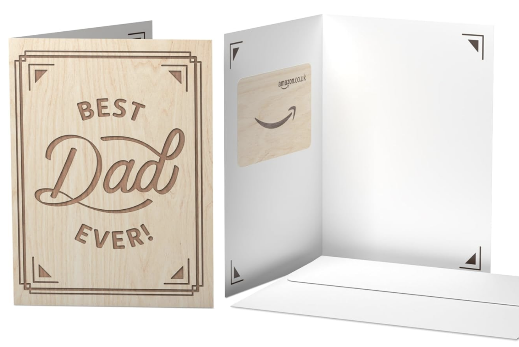 A wooden greeting card with “Best Dad Ever!” engraved on the front, shown next to its open interior with space for a gift card and a blank envelope—perfect for Father's Day 2025 or as a unique Father's Day gift idea.