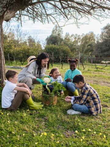 An adult and four children sit under a tree in a grassy area, gathered around potted plants, enjoying eco-friendly activities as they garden and observe nature together.