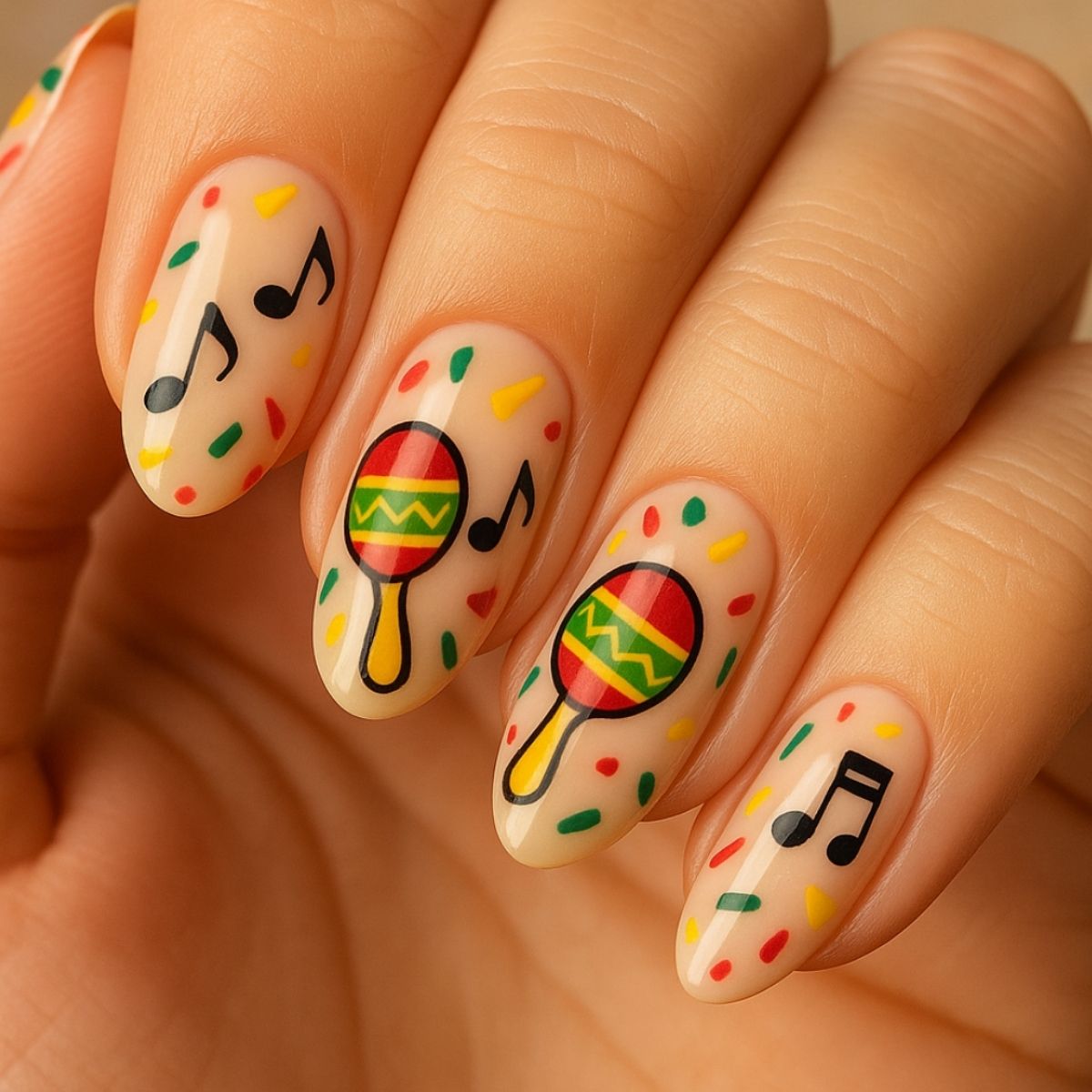 Close-up of fingernails painted with Cinco de Mayo nail designs featuring maracas and musical notes, surrounded by colorful confetti-like dots—perfect nail art ideas for festive celebrations.