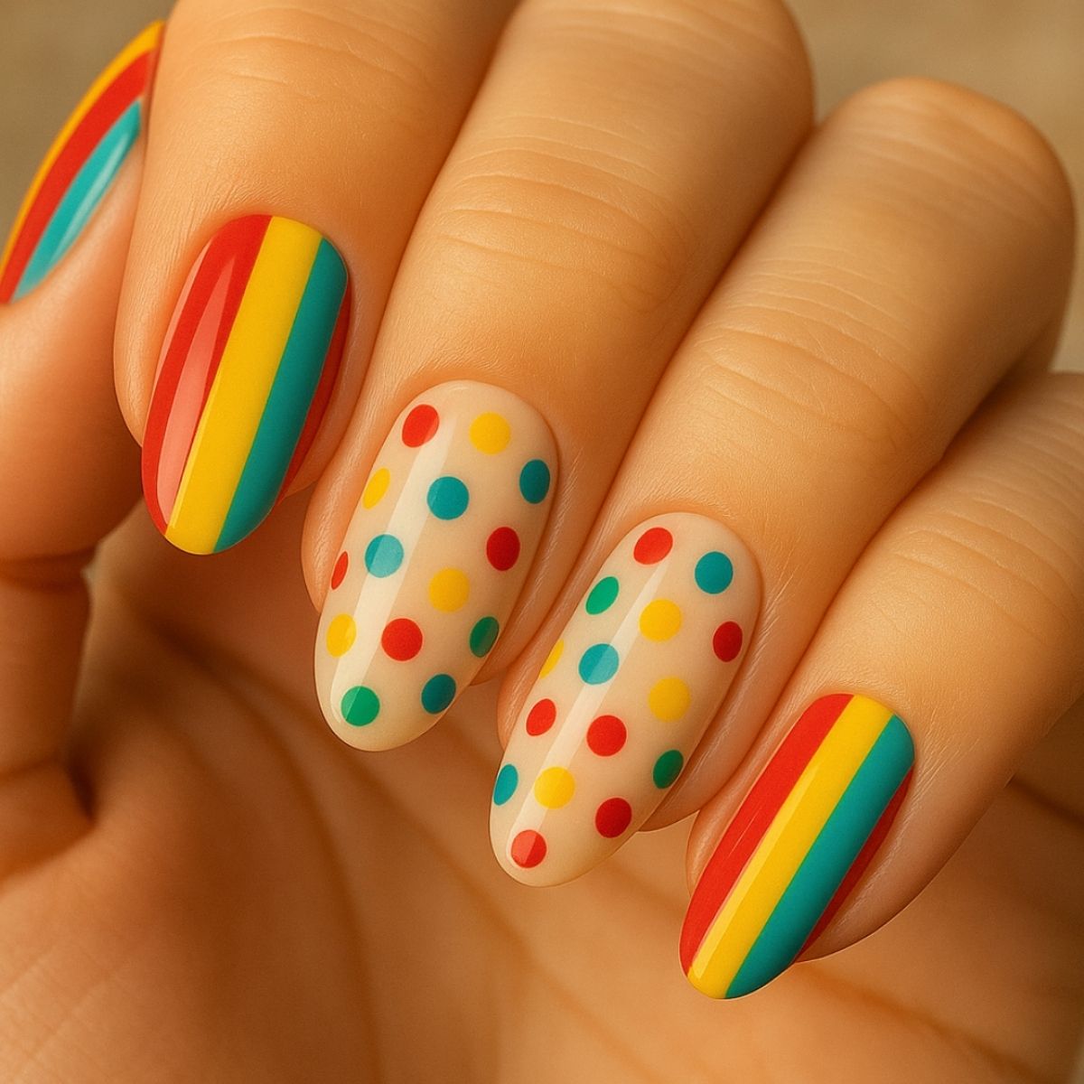 A hand with fingernails painted in a colorful pattern of vertical stripes and multicolored polka dots, featuring red, yellow, and teal colors—perfect nail art for celebrating Cinco de Mayo with festive nail designs.