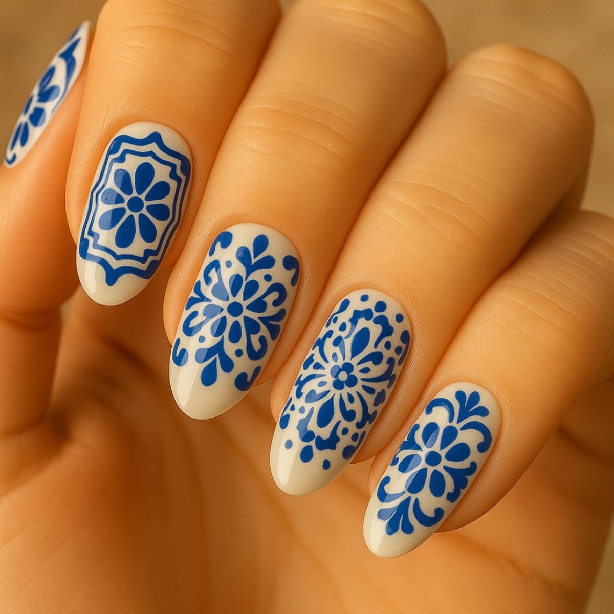 A hand with long nails features intricate blue floral and geometric patterns painted on a beige base—perfect for festive Nail Designs or fresh Cinco de Mayo Nail Art Ideas.