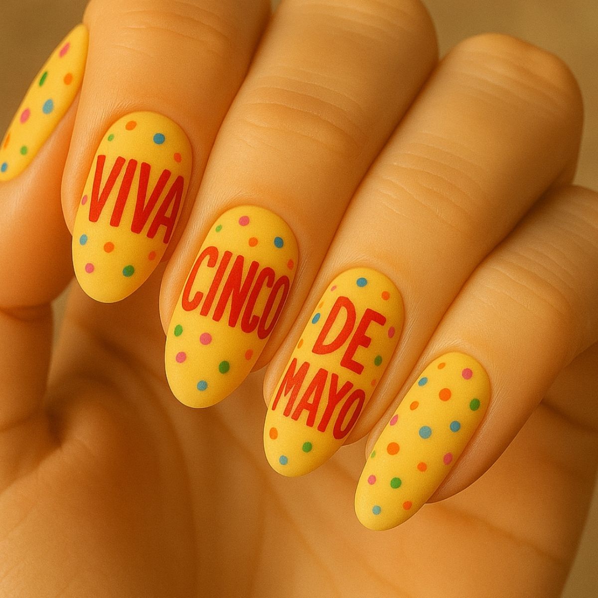 A hand with yellow nail polish featuring colorful dots and "Viva Cinco de Mayo" written across the nails in red letters—perfect inspiration for festive Cinco de Mayo nail designs.